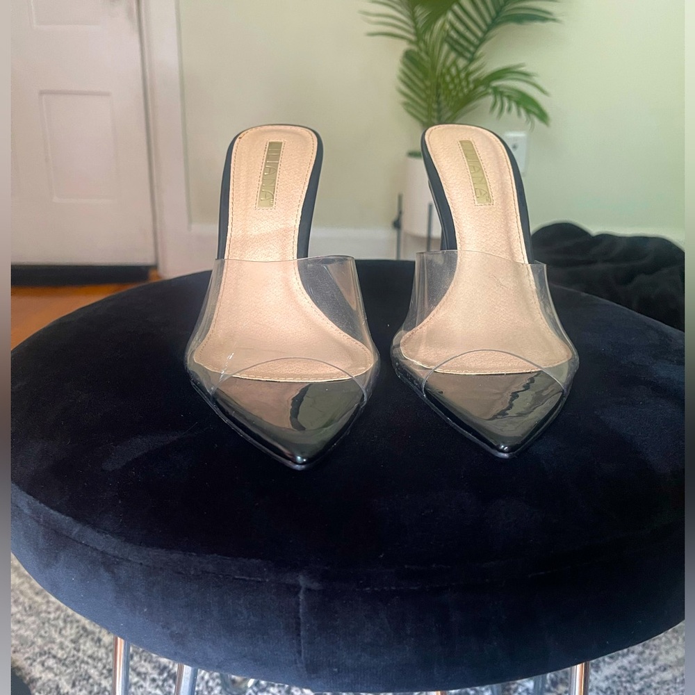 Never Worn Black Patent Pointed Toe Transparent Clear Perspex Mule Sandal Heels